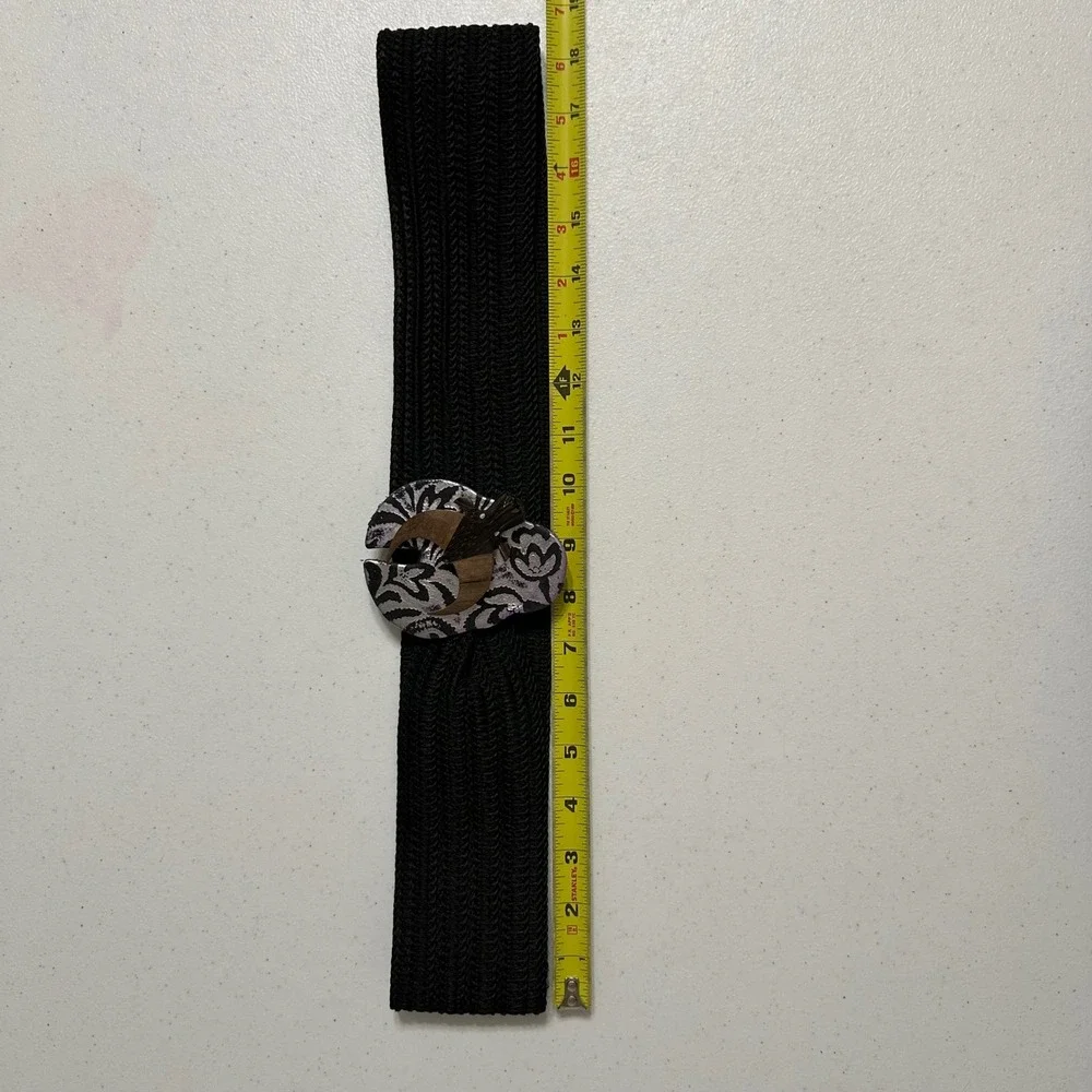 Woven Black Belt with Handmade Artistic‎ Wood & Silver Tone Bull Buckle Hook 36